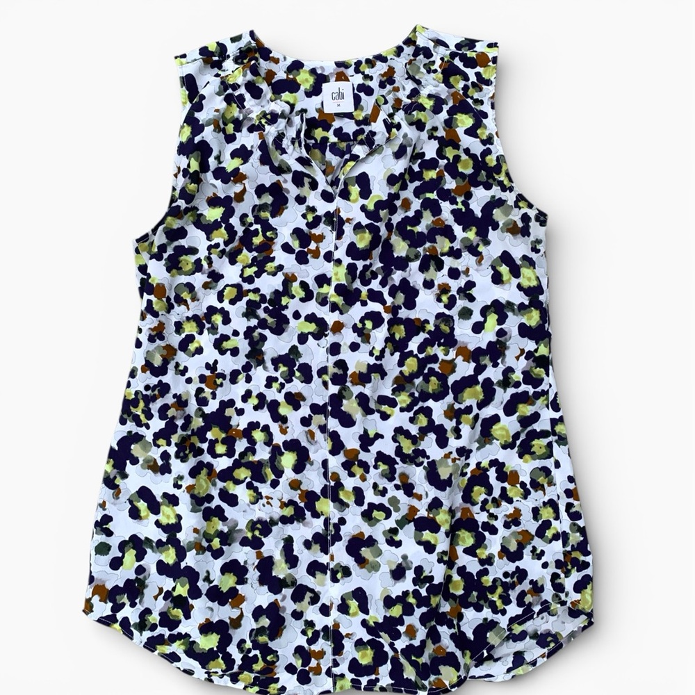 CAbi Navy, Olive & White Sleeveless Printed Blouse